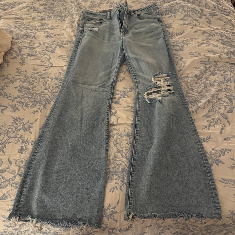 American Eagle Light Blue Ripped Flare Jeans